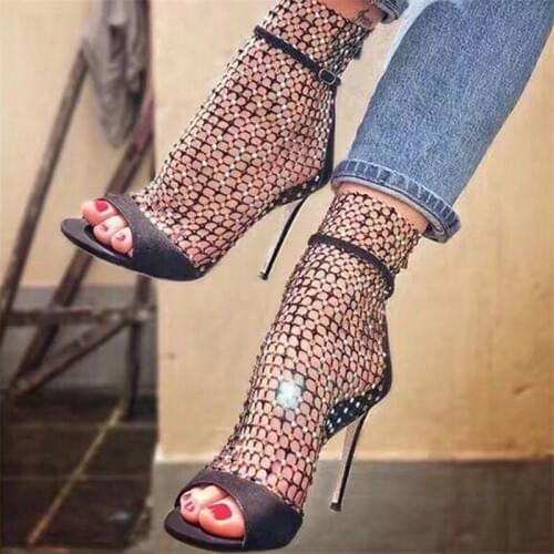Eilyken Shoes Woman 2021 Sexy New high heels Sandals Women Bling Rhinestone Mesh Ladies shoes Party Peep toe Zipper Summer Boots