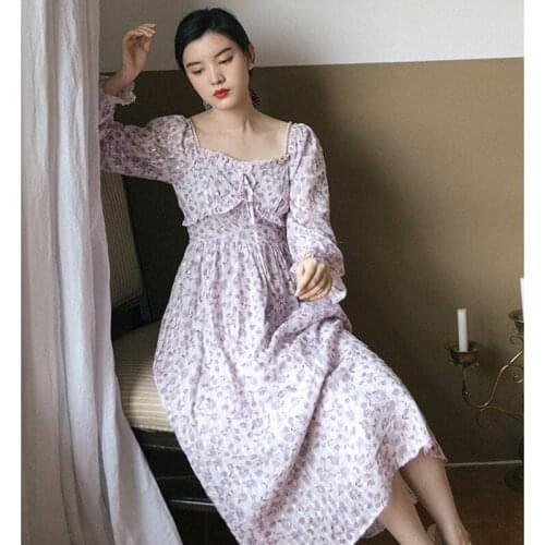 French Beaded Strapless Sexy Vestido Floral Feminina Purple Sweet Romantic Chiffon Print Fairy Dress Fall Dresses for women 2021