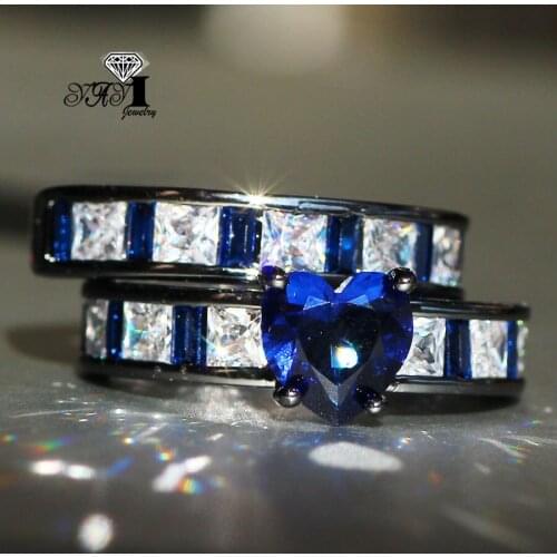 2 pcs YaYI Jewelry Fashion Princess Cut 7.2 CT Heart Blue Cubic Zirconia Black Color Engagement Wedding Party Couples Rings
