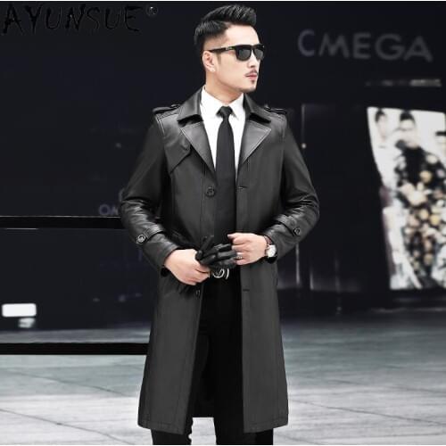 AYUNSUE Long Natural Sheepskin Coat Genuine Leather Jacket Men Clothing Leather Windbreaker Trench Chaquetas Hombre KJ6764