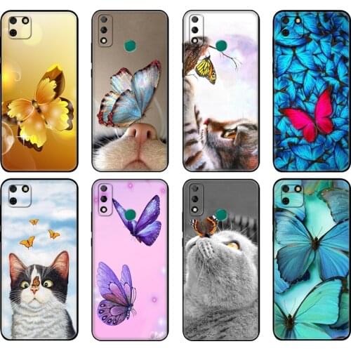 Black tpu Case For Huawei Y9S Y6S Y8S Y5P Y7P Y8P Case For Huawei Y5 lite Prime 2018 Y6 2019 Cover Butterfly Stand On Cat Nose