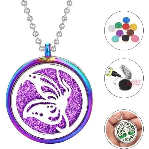 Colorful Butterfly Necklace Magnetic Stainless Steel Pendant Perfume Essential Oil Diffuser Locket Pendant Aromatherapy Jewelry