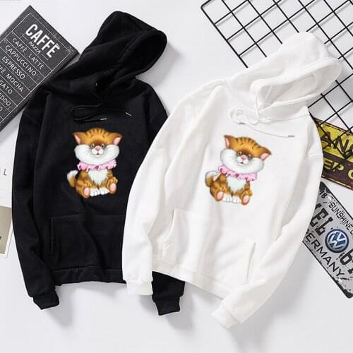 Kawaii Fashion Women Long Sleeve Cat Hoodie Sweatshirt Long Sleeves Autumn Hooded Pullover Tops Black White Felpe Donna