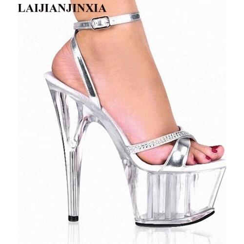 LAIJIANJINXIA Transparent Crystal Noble Rhinestone Princess Dinner Dress Shoes 15cm High-Heeled Shoes 6 Inch Silver Sexy Sandals