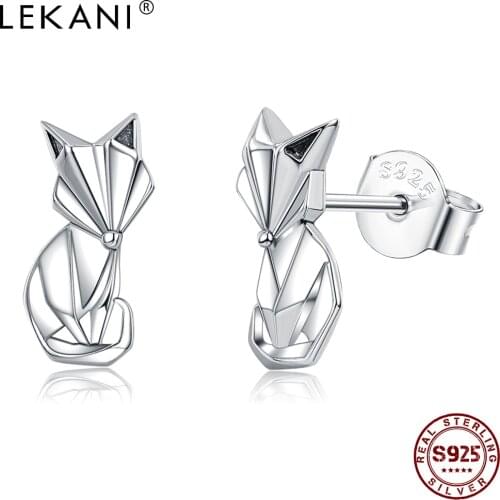 LEKANI Genuine 925 Sterling Silver Vintage Fox Animal Stud Earrings For Women Geometric White Earring Anniversary Fine Jewelry