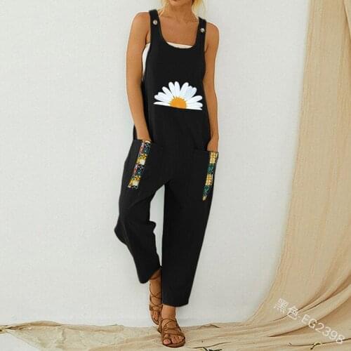 Summer Women Cotton Linen Jumpsuit, Daisy Printed Sleeveless Overalls Leisure U-neck 1-piece Garment for Female S-XXL