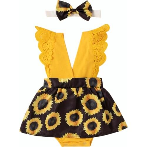 FOCUSNORM Newborn Baby Girl Summer Rompers Splicing Floral Print V-Neck Sleeveless Dress Jumpsuits+ Headband 0-24 Months