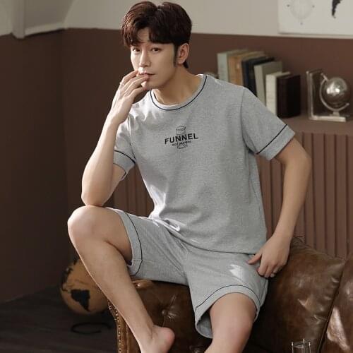 Summer Men Pajamas Set Knitted Cotton Sleepwear Short Sleeve Round Neck Pijamas Loose Plus Size L-4XL Mens Clothing Tracksuit