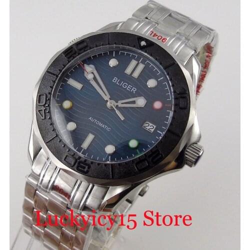 BLIGER Brand 41mm NH35A Movement Automatic Men Wristwatch Steel Bracelet Glass Back YM Brushed Metal Insert Luminous Index