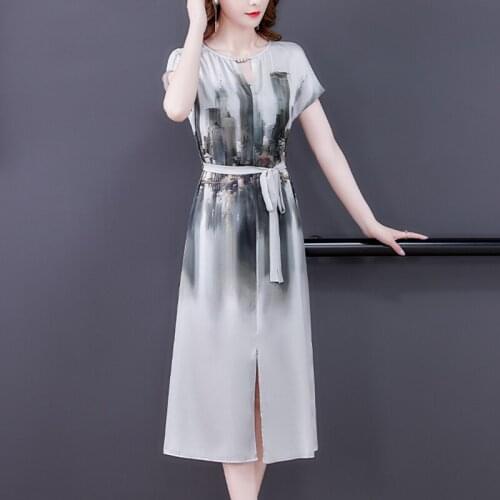 New Fashion Women Summer Silk dress Female Plus size Loose Office Casual Slim vestir Elegant Print Mom Lady Long Dresses OK773