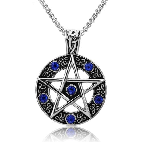 Retro Star Crystal Stainless Steel Round Pendant Necklaces for Men Him Vintage Fashion Punk Jewelry