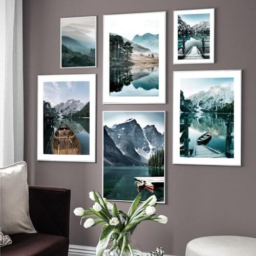 Landscape Mountain Lake Boat Forest Wall Art Canvas Painting Nordic Posters and Prints Wall Pictures for Living Home Decoration