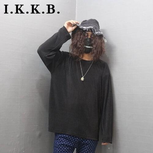 Early autumn pleated fabric solid color versatile loose long sleeve T-shirt ins couples men and women casual T-shirt with round