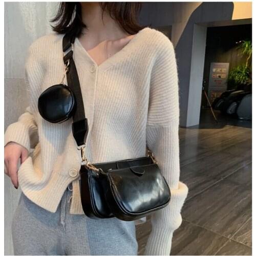 Luxury Designer Women Crossbody Bag PU Leather Female Three in One Wide Strap Shoulder Handbag Solid Fashion Lady Purse Bags