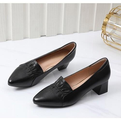 Women New Genuine Leather Shoes Lady Fashion Pointed Toe Thick Heels Slip On Pumps Female Office Shoes