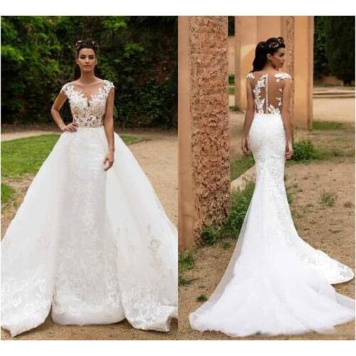 Vintage Arabic Mermaid Wedding Dress with Detachable train Appliques Embroidery Fashion New Bridal Dresses Wedding Gown W0326B