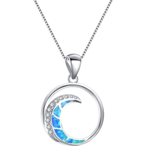 Vintage Hollow Round Pendant Necklace White Blue Opal Cute Moon Necklace Classic Silver Color Chain Necklaces For Women Jewelry