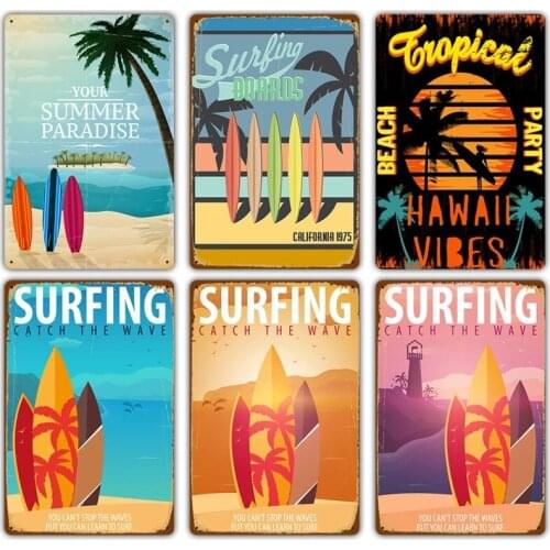 Vintage Hawaii Surf Time Metal Tin Signs Wall Art Painting Plate Seaside Beach Poster Plaque for Bar Pub Club Surf Shop Decor