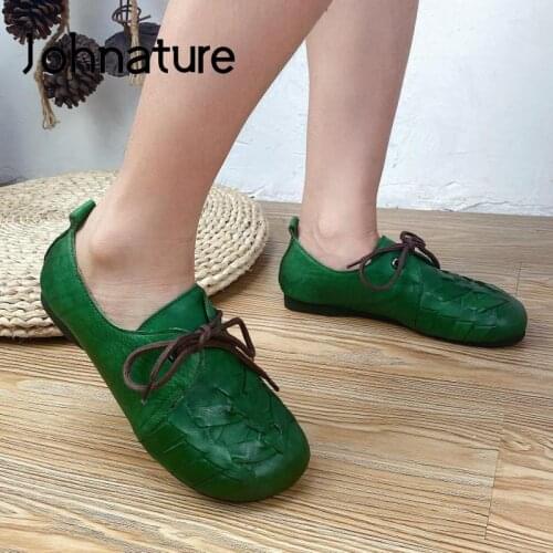 Johnature Genuine Leather Flats Women Shoes Round Toe 2021 New Autumn Lace-Up Concise Shallow Handmade Comfortable Ladies Shoes