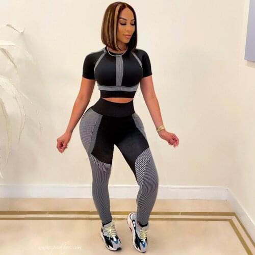 Women Two Piece Set Print Short Sleeve Crop Top Fitness Pants Tracksuit Workout Loungewear Summer