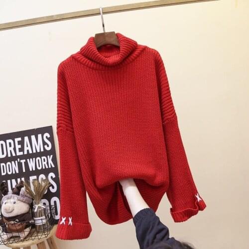 EA Women 2021 Autumn Solid Color Loose Tops Minimalist Sweater Tops Ladies Turtleneck Thick Knitted Tops Female Long Pullover