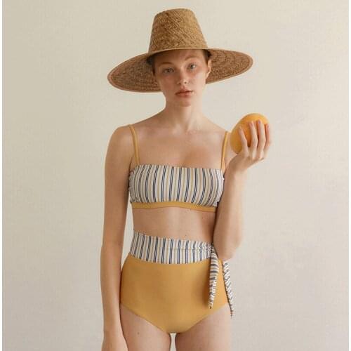 Korean Version of The New Sweet Split High Waist Swimsuit Contrast Color Striped Hot Spring Swimsuit Women