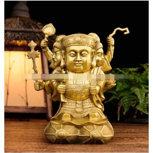 10" Tibet Buddhism Art Statue 3 Face Wealth God Bronze Sculpture