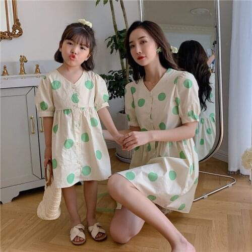 2021 Mother and Daughter Summer Parent-child Clothes Girls V-neck Short Sleeve Polka Dot Mommy and Me Dress