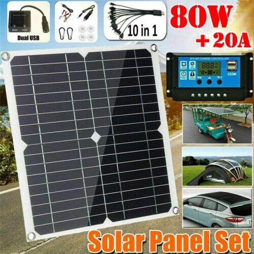 80W 18V Outdoor Solar Panel with 20A Controller Portable Dual-USB Boat Battery Charger Folding Solar Panel Kit Camping Caravans