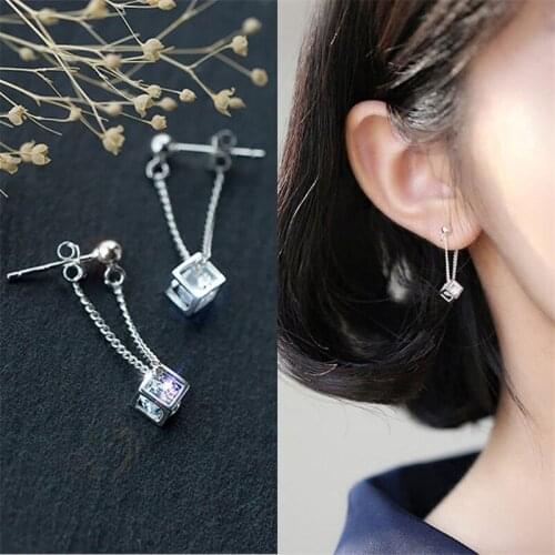 925 Sterling Silver Tassel Square Bead Charm Stud Earrings For Women Girls Wedding Party Jewelry Pendientes eh1319