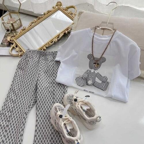 Children Short-sleeved Set 2021 Summer New Girl Cartoon T-shirt Kids Short-sleeved CottonTop + Girl Slim Hara pants 2PCS