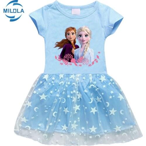 Disney New Baby Girl Summer Princess Dress Girls Cartoon Frozen Elsa Printing Short-sleeve Mesh Dresses Children Party Clothes