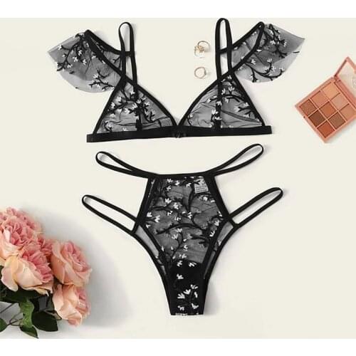 Summer Sexy Underwear Women Set Quality Lace Floral Embroidery Sheer Bra Mesh Sexy Lingerie Set Thin Breathable Babydoll Bra Set