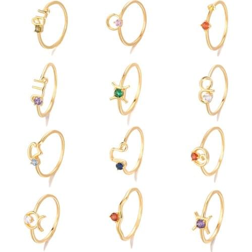 Fashion Gold Plated 12 Constellation Crystal Rings For Women Capricom Aquarius Pisces Sign Ring Zodiac Star Bague Birthday Gift