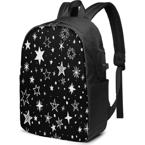 Fashion Backpack Black With White Stars Student School Bag For Boy Girl Teenager USB Charge Computer Laptop Back Pack