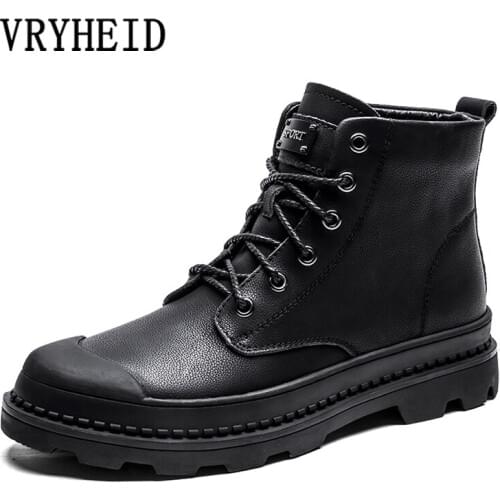 VRYHEID 2020 Black Warm Winter Men Boots Genuine Leather Ankle Boots Men Work Shoes Men Military Fur Snow Boots For Men Botas