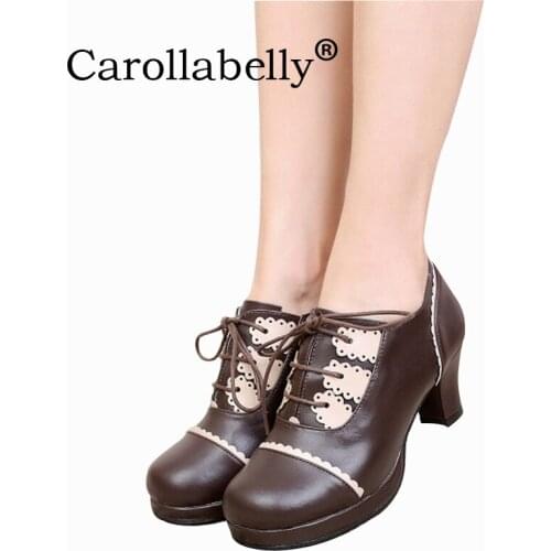 Carollabelly Sweet Princess Party Shoes Soft Leather Women Pumps Cosplay Cross Tied Round Toe Platform Lolita Shoes Party Shoes