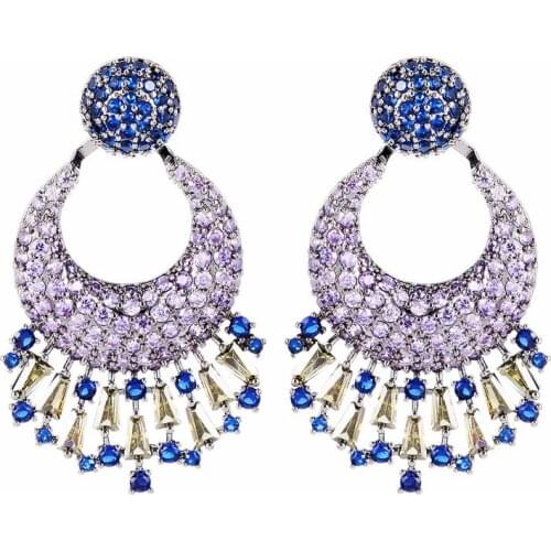Whosale gorgeous bridal jewelry purple cubic zircon CZ dazzling big tassel drop earrings for women