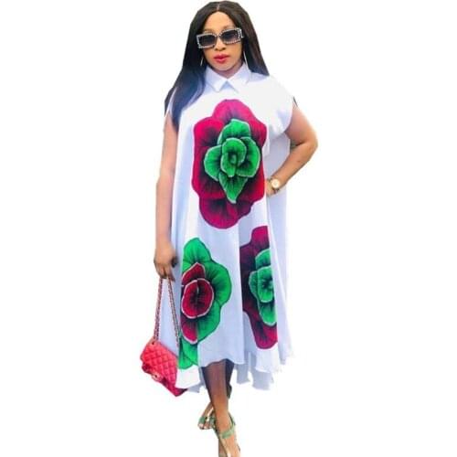 African Dress Women 2021 New Style Fashion Flower Print Long White Party Maxi Dresses Ladies Plus Size Clothing 3XL Casual Robe