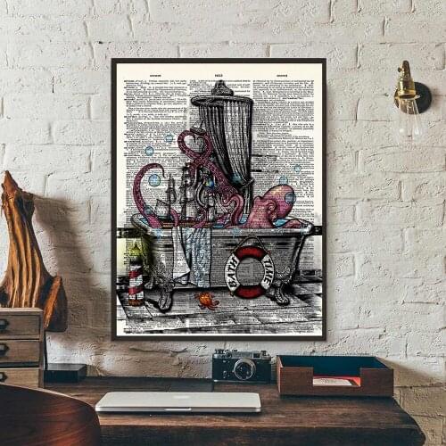 Octopus Print Canvas Poster Bath Wall Art Print Painting Octopus in the bath Sea Life Art Picture Bathroom Wall Decoration