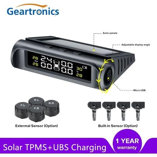 Universal Car TPMS Tyre Wireless Tire Pressure Monitoring System Solar Power Clock LCD Display Auto Security Alarm Systems