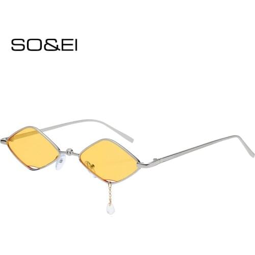 SO&EI Fashion Small Square Sunglasses Women Retro Punk Metal Clear Ocean Lens Eyewear Chain Pendant Sun Glasses Men Shades UV400