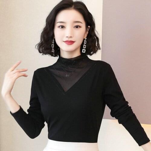 Women 2021 Spring Autumn Blouse Turtleneck Lace Clothes Plus Size Long Sleeve Mesh Top Ladies Shirt Blusas Ropa De Mujer X257