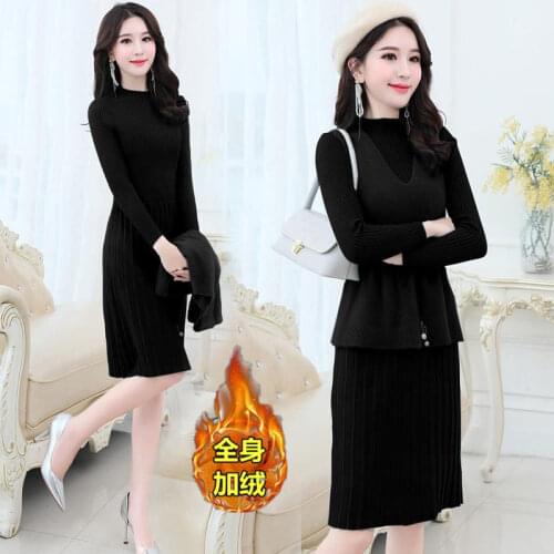 Woman Long Sleeve Knitted Sweater Pullover and Bodycon Midi Dress Suits female Two Pieces Sets Ladies Solid Casual Knitwear Q112