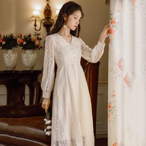 Women Apricot Long Lace Dress Autumn Spring Runway 2020 Vintage Long Sleeve Dress Elegant Korean Retro Casual Party Dresses New
