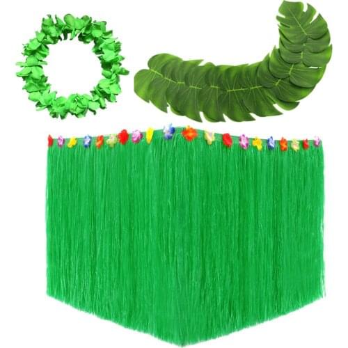 ZLJQ Green Hawaiian Luau Hibiscus Natural String Colorful Faux Flowers Table Grass Skirt For Birthday Party Events Decor