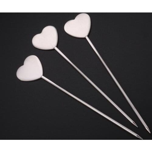 10pcs 304 Stainless Steel Food Sticks Reusable Heart Shaped Cocktail Picks Fruit Dessert Picks for Dinner Party BBQ (Silver)