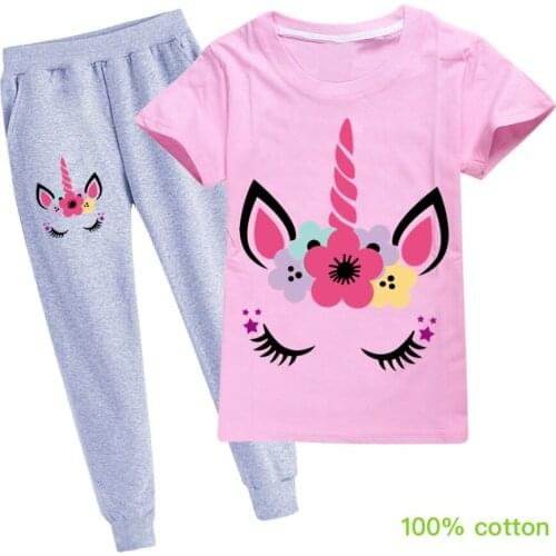 2020 Baby Boys Girls Clothing Set Summer Short Sleeve Unicorn Cartoon Cotton Children Kids Clothes Suit T-shirts Two-piece Set