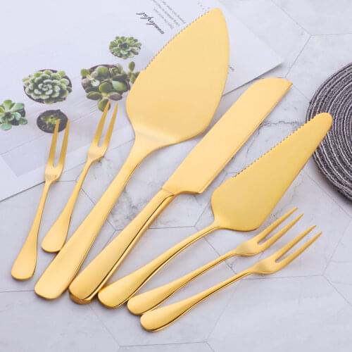 7pcs/set Gold Cake server set Stainless steel Cheese Spatulas Pizza Pie Pastry knifes mini forks metal Cake Shovel Cutter tools