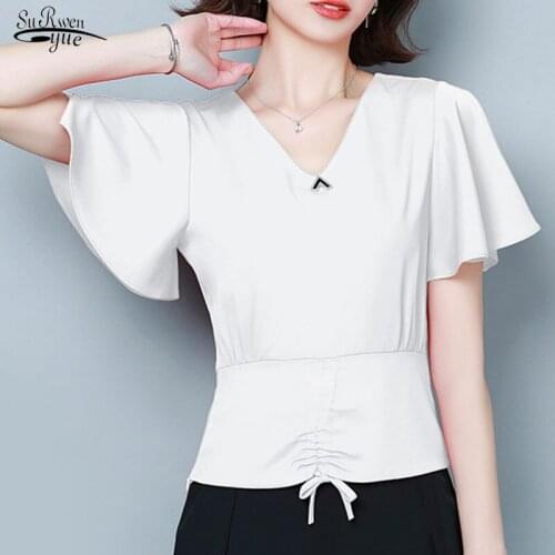 Blusas 2021 Summer New Fashion Short Sleeve V-neck Waist Hugging Chiffon Blouse Women Plus Size Women Shirt White Blouse 9047 50